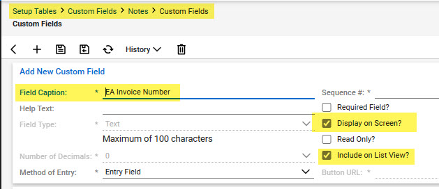 Custom field in CW for the EA invoice number, field caption is EA Invoice Number and check display on screen and include on list view