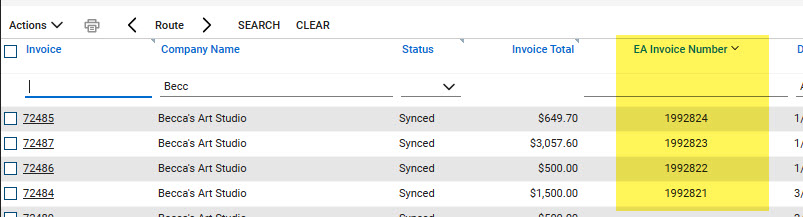 Example of the Ea Invoice Number custom field populated in CW and how you can then see that value in the list view