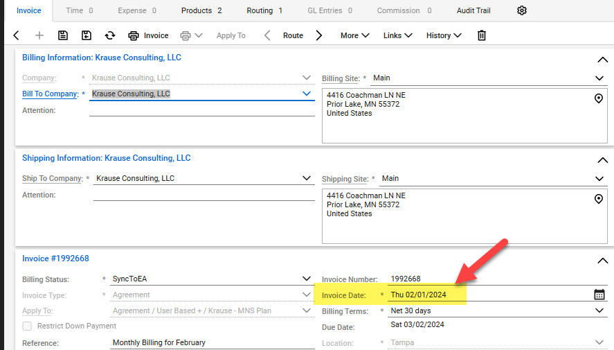 Invoice in CW showing that you can change the invoice date on each invoice from CW if needed
