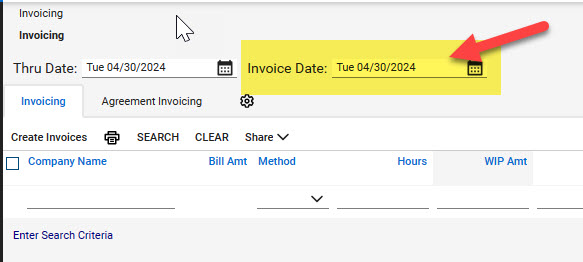 In the CW invoicing screen you can specify the Invoice date to use. This is located next to the Thru Date 