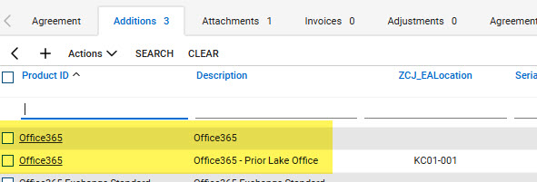 Example of an agreement in CW where there are two additions with the same product id but two different locations. The description of the additions can't be the same or the sync will roll the items up together instead of adding each individually