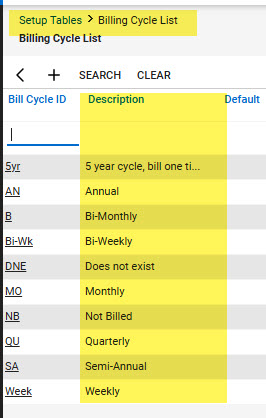 Billing cycles in CW are found by going to the setup tables and then billing cycle list. The sync uses the description field to match the billing cycle to EA