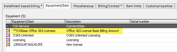 Example of the list of Items on an EA contract, with the template item for the base amount showing the billing amount from CW