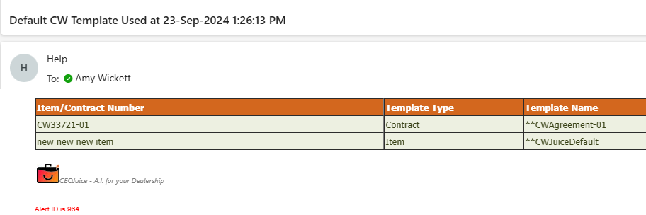 Email sample for the default template used notification
