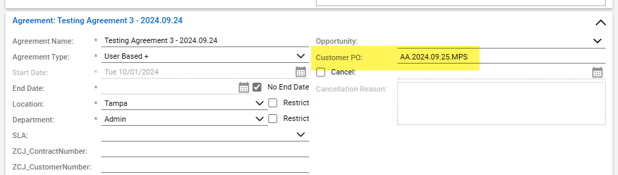 Agreement pod of the CW agreement showing the customer PO field that will sync to the EA contract PO when the CW invoice is posting to the remarks field.