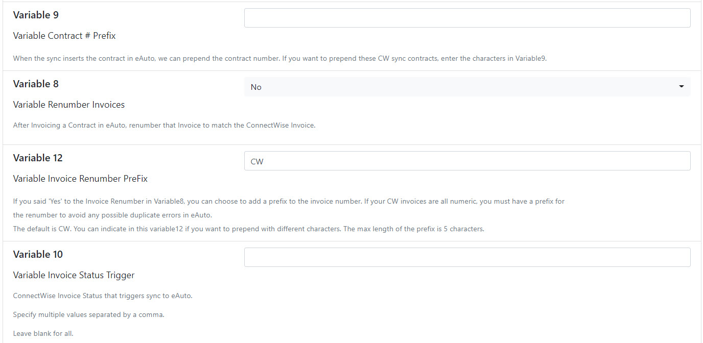 Variable 9 - contract prefix, Variable 8 - renumber invoices, Variable 12 - invoice renumber prefix, Variable 10 -  invoice status trigger