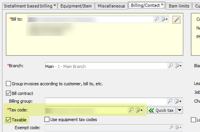 Billing and contact tab of the EA contract with the tax code and taxable option highlighted