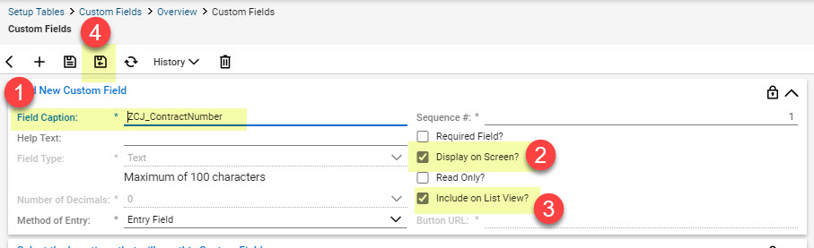 For the ZCJ_ContractNumber custom field, the field caption is ZCJ_ContractNumber and you should check the options for Display on screen and include on list view