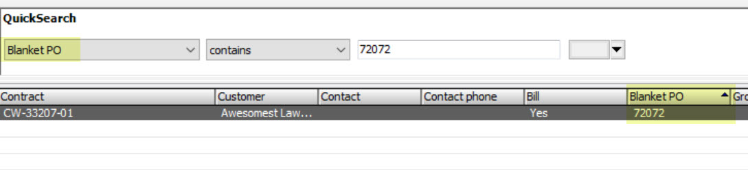 Example of searching the contract list by the Blanket PO field to find the contract that was updated by a specific invoice number from CW