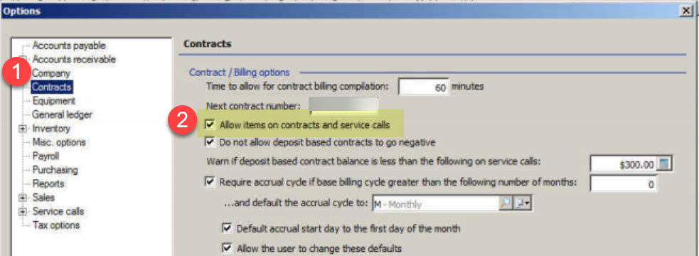 This option is located under Tools, Options, and then the Contract section. Be sure that the 'Allow items on contracts and service calls' setting is checked