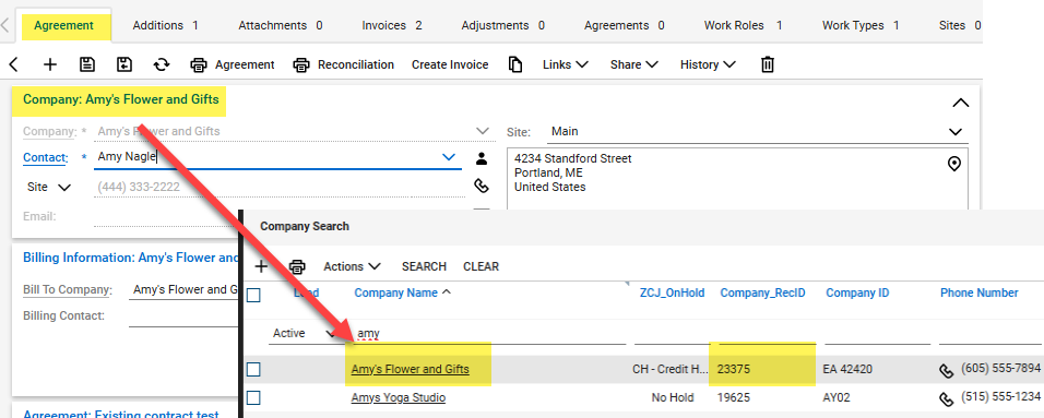 Screenshot showing how to find the company rec id for a the company on an agreement.