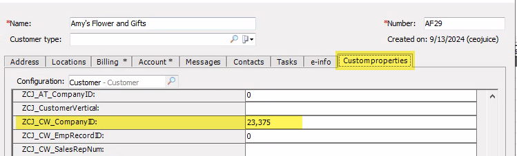 Screenshot in EA of the custom properties tab of the customer record, showing the ZCJ_CW_CompanyID field populated with the company REcID from CW