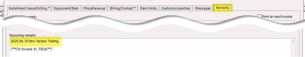 Remarks tab of the EA contract showing the CW agreement name at the beginning of the remarks field
