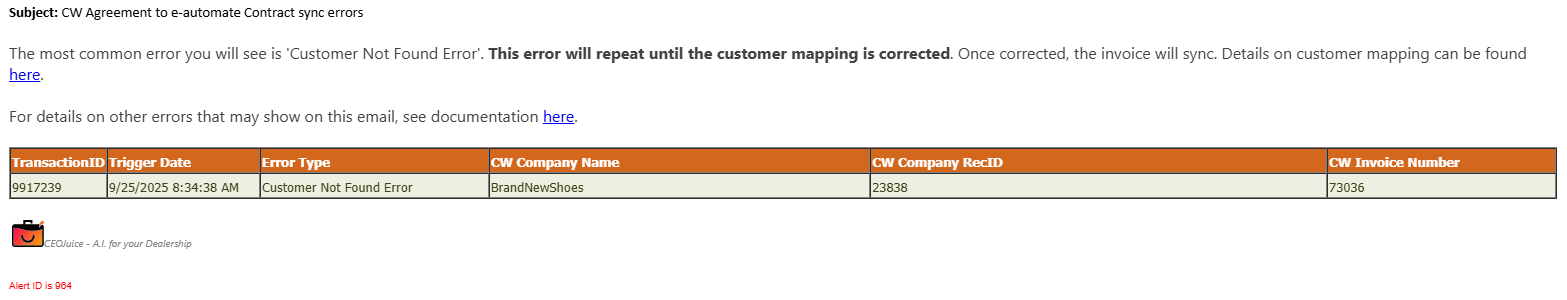 Sample of the error email