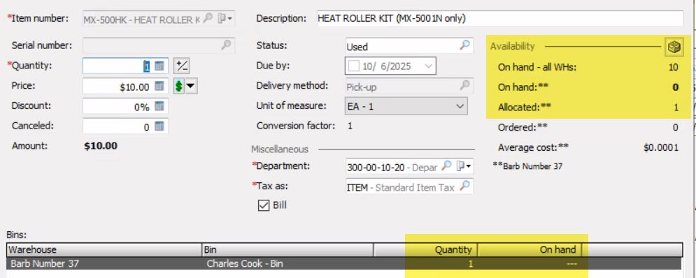 Item on the service call showing that the item is allocated from the technicians stock warehouse. If the part is not in the tech's warehouse you will need to transfer it there.