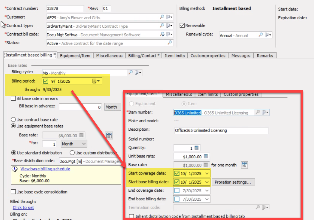 Screenshot showing the billing period on the contract compared to the start coverage date of the item.