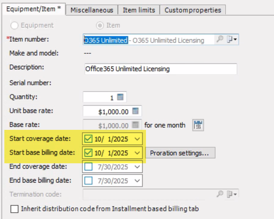 Example of the start coverage dates on the EA contract that are always set to the first day of the billing period when an item is added to a contract by the sync