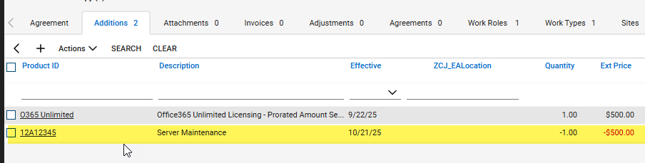 Screenshot showing the additions tab of an agreement where the ext price of the addition is negative