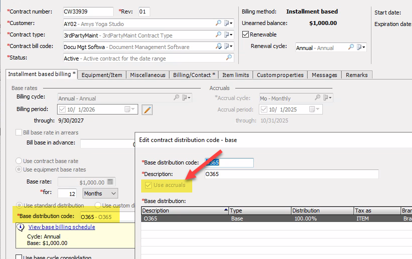 Base distribution code sample from EA showing that the use accruals option has to be checked on the code in order for the contract to properly accrue.