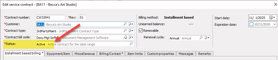 EA contract example with the status value highlighted in the header of the contract