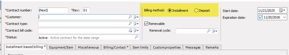 EA contract with the two billing methods highlighted: installment and deposit