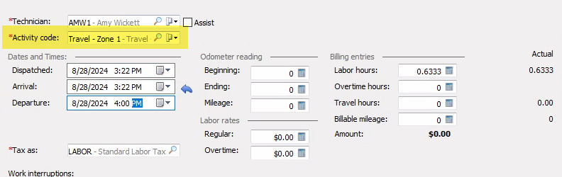 Sample of using the work type of travel in CW, this then uses the matching activity code in EA and accounts for the tech travel time as a separate labor entry
