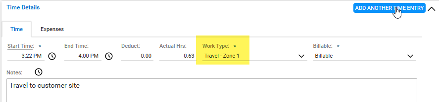 Example of using the work type of Travel in CW to account for travel time
