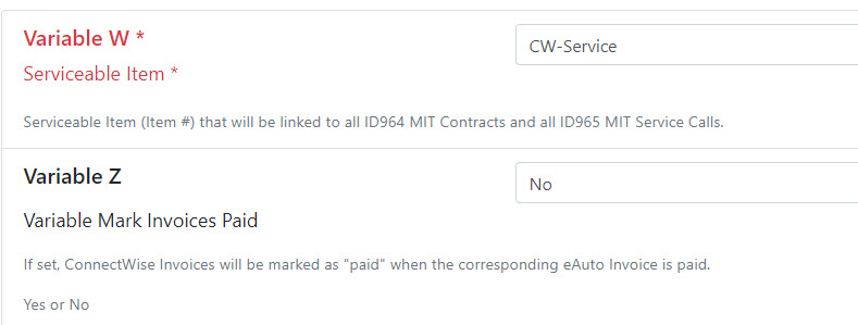 Variable w - serviceable item, Variable z - mark invoices paid