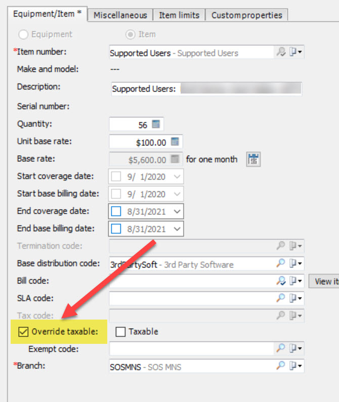 Example of an EA item on a contract that has the override taxable option checked. The sync checks this box when the additon is marked as not taxable in CW