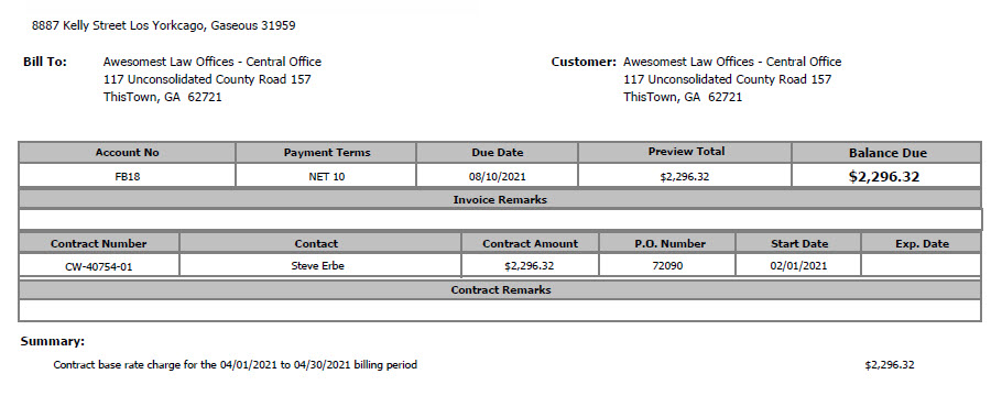 Example of the CW No Details invoice that only shows one line with the total amount to be billed
