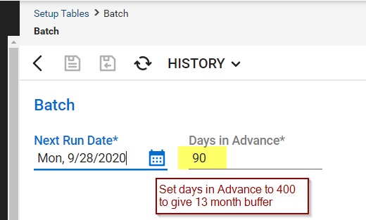 The batch settings in CW are found in the setup tables. Set the days in advance to 400 to ensure that all agreements get updated with the next invoice date.