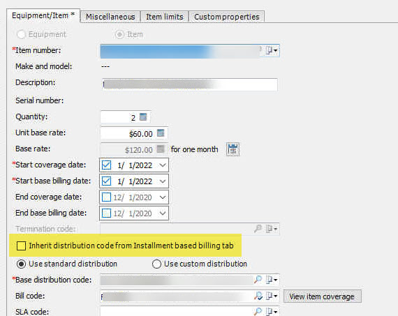 Example of the Inherit distribution code from Installment based billing tab option that was added in EA 21