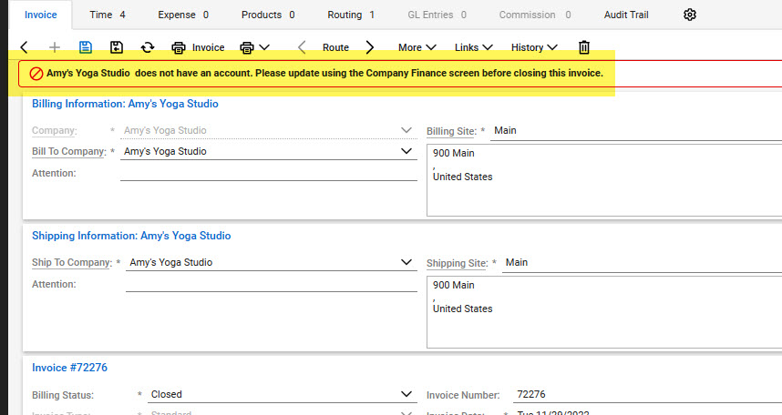 CW error when attempting to update status: Company does not have an account. This means that the Account ID field is blank on the company record and must be updated