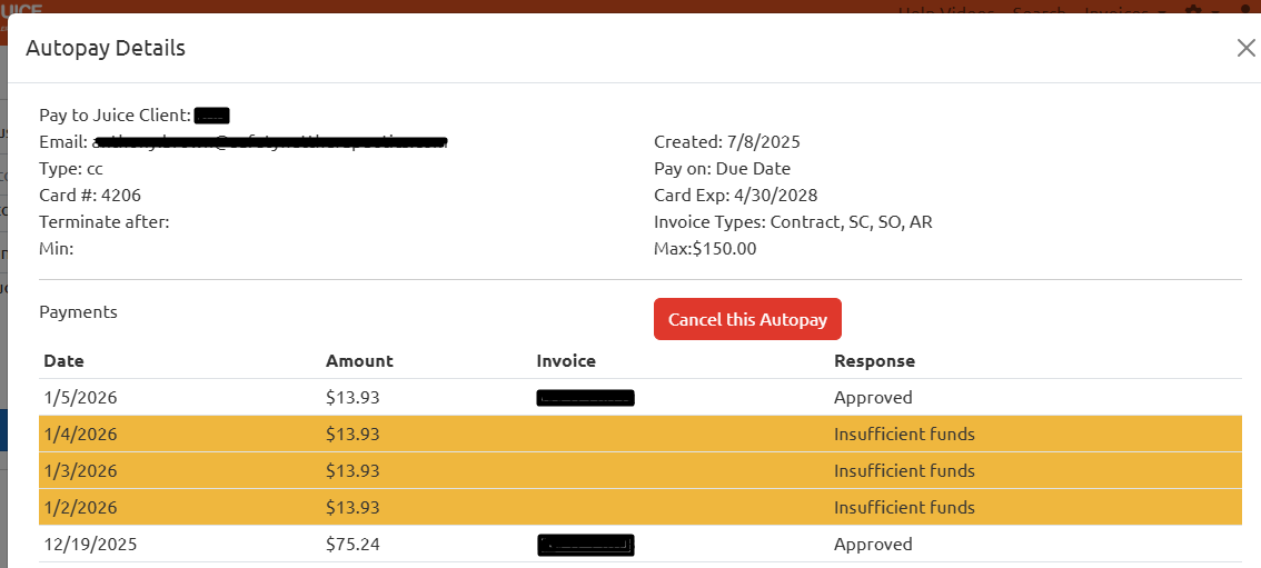 screen shot of an auto pay details screen showing the auto pay settings and what invoices it has attempted to pay with success or failure codes for each transaction listed.