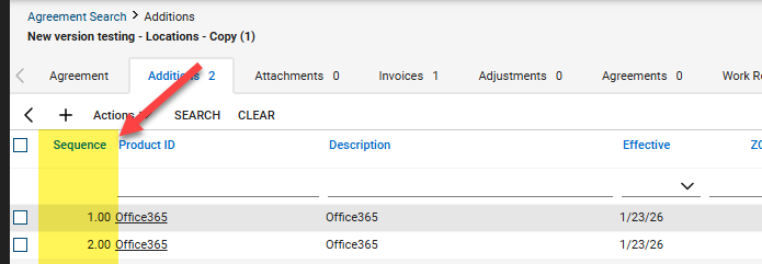 Example from an agreement in CW showing the sequence column on the addtions tab