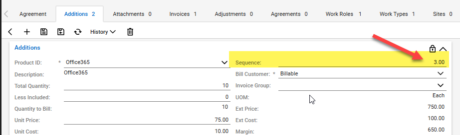 Open the addition record and then you can manually change the Sequence number to specify the sequence of the additons on the agreement