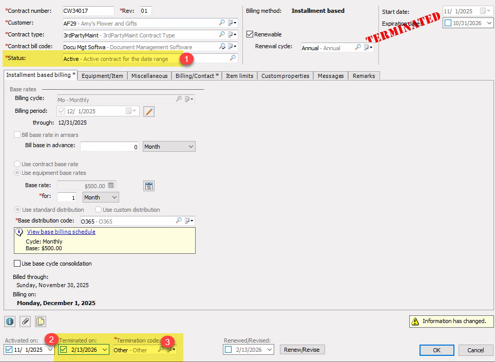 Screenshot of a terminated contract in EA showing the Terminated on date and the termination code, both of which have to be removed from the contract