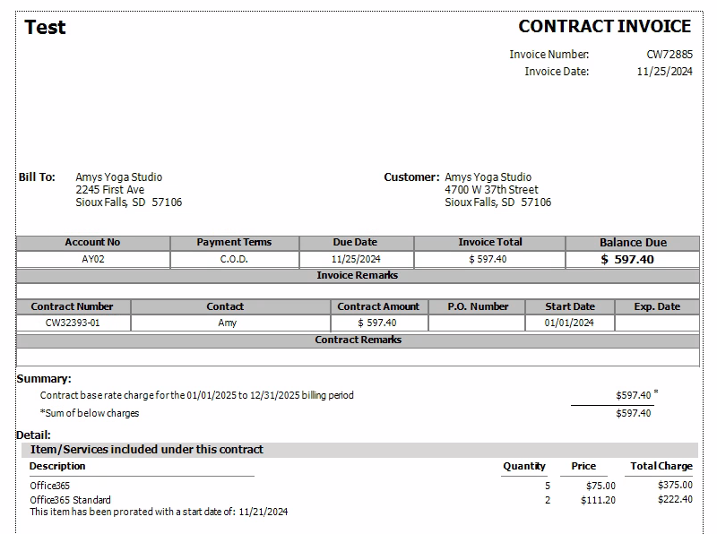 Example of the CW details with Price invoice that is similar to the CW Full details invoice except that it also shows the per item charge along with the description, quantity and total charge