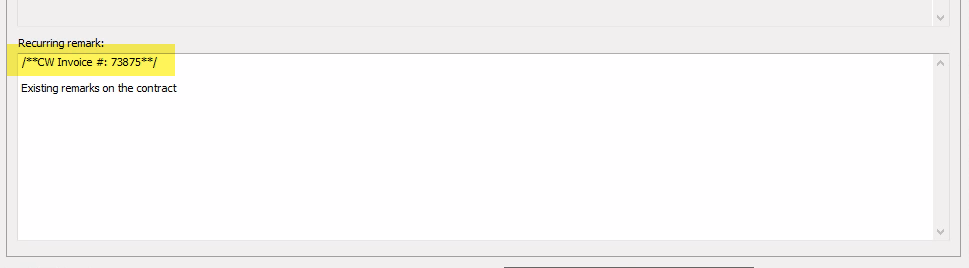 Sample of the EA contract remarks tab showing where the CW invoice number will post if pushed to remarks
