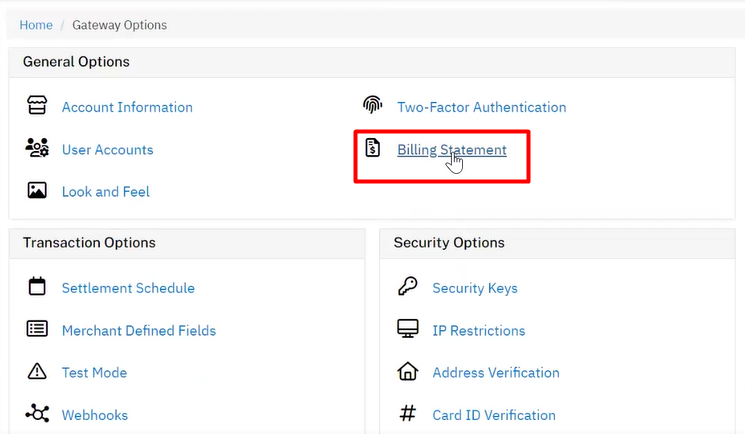 Image of NMI gateway options with Billing Statement link highlighted in the General Options section.