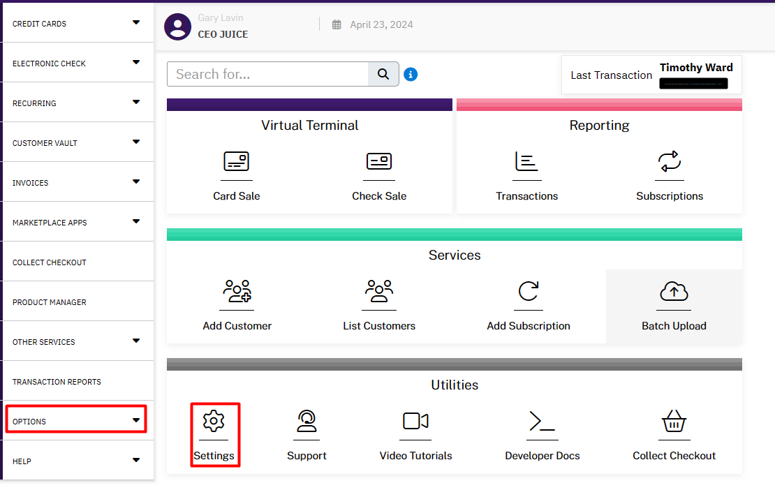 Screenshot of the NMI payment gateway portal dashboard. The left side shows a navigation menu with many items to choose from but the one that's highlighted is Options. The settings button is also highlighted to show that you get to the Options on the side from the Settings button.