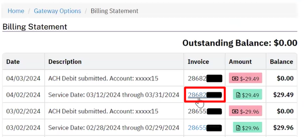 Screen shot of a list of billing statements with amounts and billing dates.