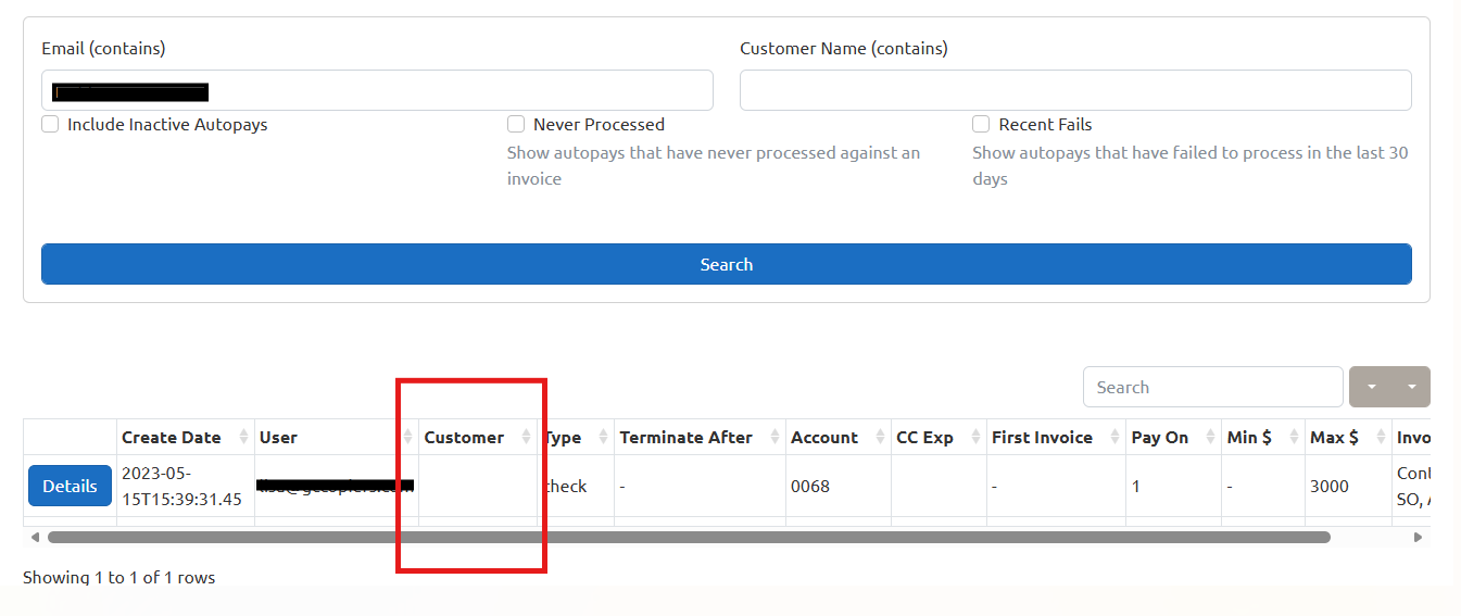 Screenshot of the portal's Auto Pay search screen with an email address entered in the search field and filter options for Include Inactive Autopays, Never Processed, and Recent Fails. The results table shows a single auto pay record with the Customer column highlighted in red and appearing blank, indicating the auto pay was not correctly set up per account by the user.