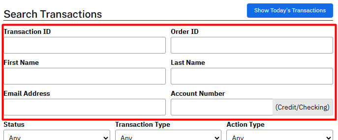 Screenshot of the NMI Search Transactions screen with a red border highlighting the search filter fields, including Transaction ID, Order ID, First Name, Last Name, Email Address, and Account Number. Below the highlighted fields are additional dropdowns for Status, Transaction Type, and Action Type.