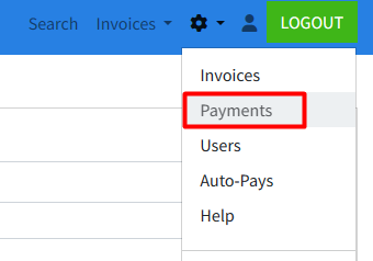Screenshot of the customer portal navigation menu showing options for Invoices, Payments (highlighted in a red box), Users, Auto-Pays, and Help, with a Logout button visible in the top right.