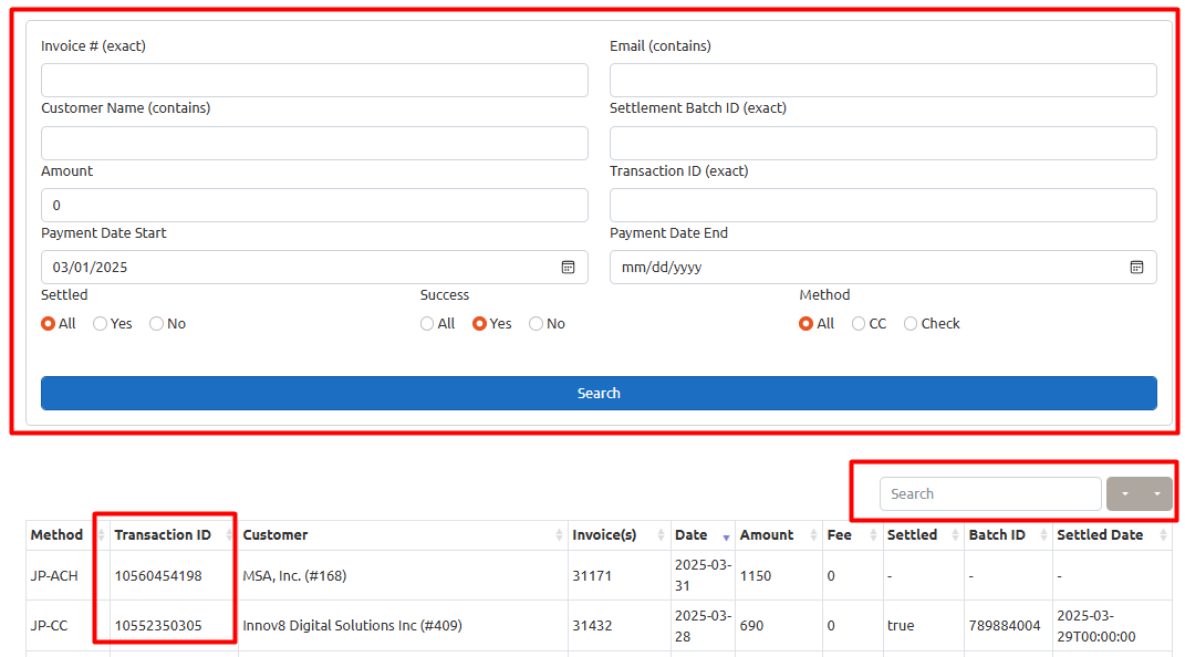 Image of payment portal payments search screen showing various search options with the Transactions column highlighted to show where to see the transaction number.