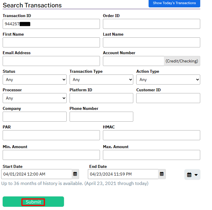 Screenshot of the NMI Search Transactions screen with a transaction ID entered in the Transaction ID field.  The Submit button is highlighted in a red box at the bottom.