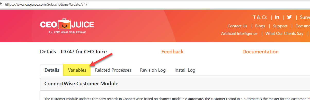 Screenshot of the CEO Juice website showing the variables tab of the subscription