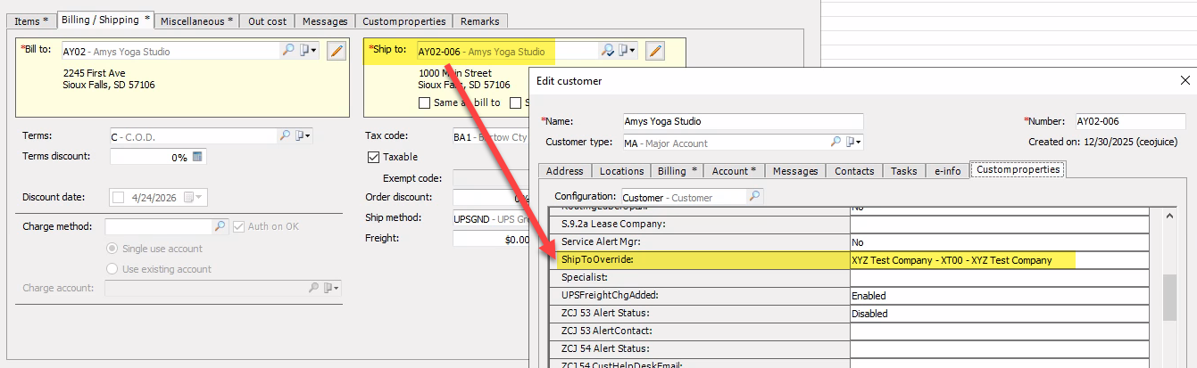Screenshot showing the ship to customer on the sales order and the custom property value set for that ship to customer