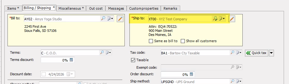 Screenshot of the sales order showing that the ship to customer on the order has been updated
